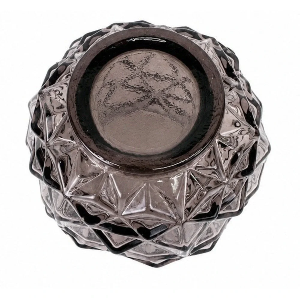 Vintage Smoky Amethyst Faceted Glass Candle Holder Diamond Cut Geometric 6